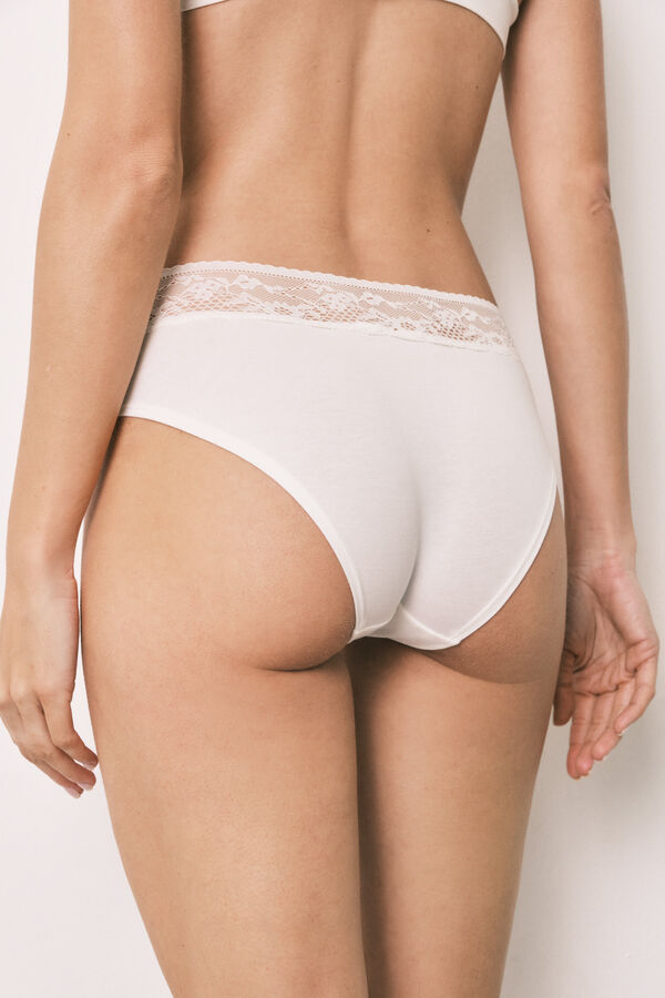 Women'secret Culotte classique large en coton et dentelle blanche beige