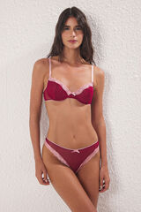 Trendyol Conjunto de lencer&iacute;a sin forro con tirantes, encaje de tul cereza oscuro y detalles de cinta y lazo.  burdeos
