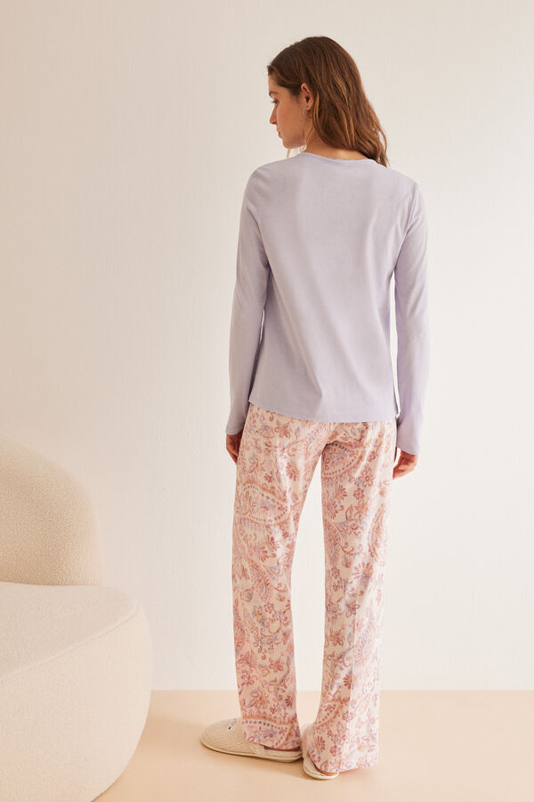 Womensecret Pyjama long 100 % coton mauve imprimé cachemire rose