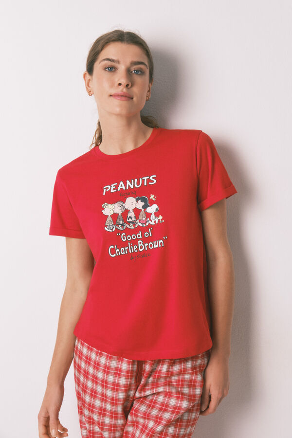 Women'secret Pijama largo 100% algodón rojo cuadros Snoopy rojo