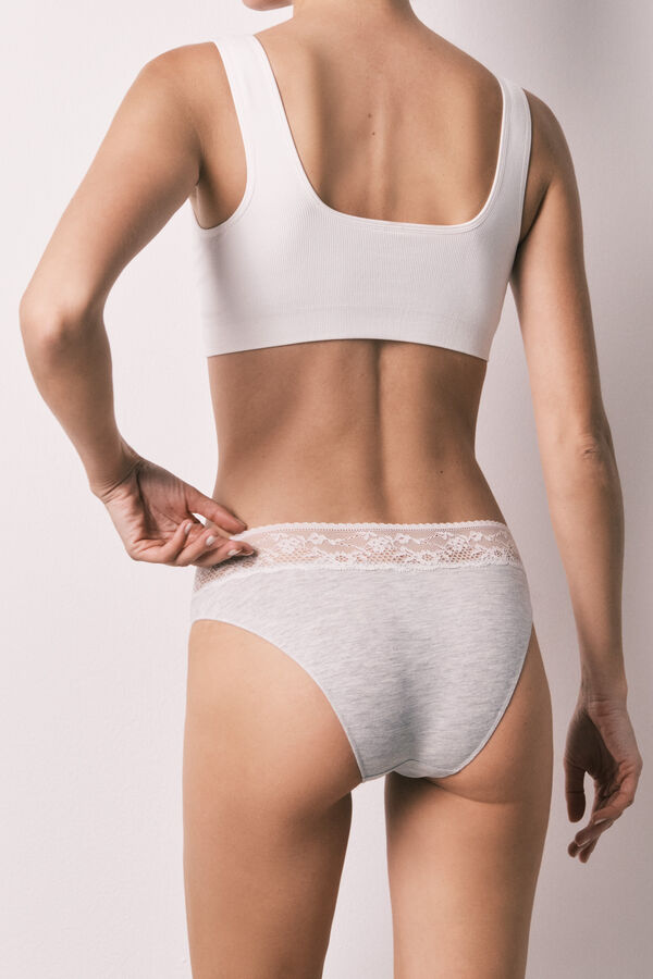 Women'secret Grauer klassischer Baumwoll-Slip aus Spitze Grau