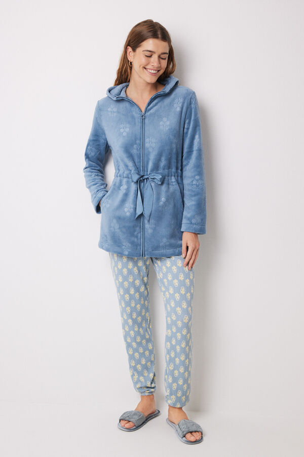 Womensecret Short blue floral fleece fleece robe blue