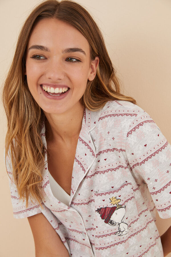 Womensecret Pijama camisero algodón cenefa Snoopy gris