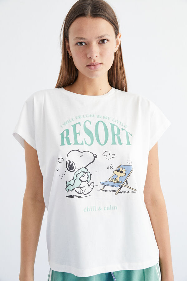 Womensecret Fehér, Snoopy-mintás, rövid pizsama 100% pamutból bézs