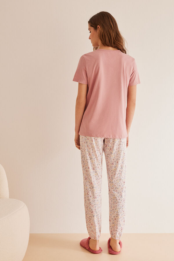 Womensecret Rövid ujjú, hosszú nadrágos, virágmintás pizsama, 100% pamutból rózsaszín