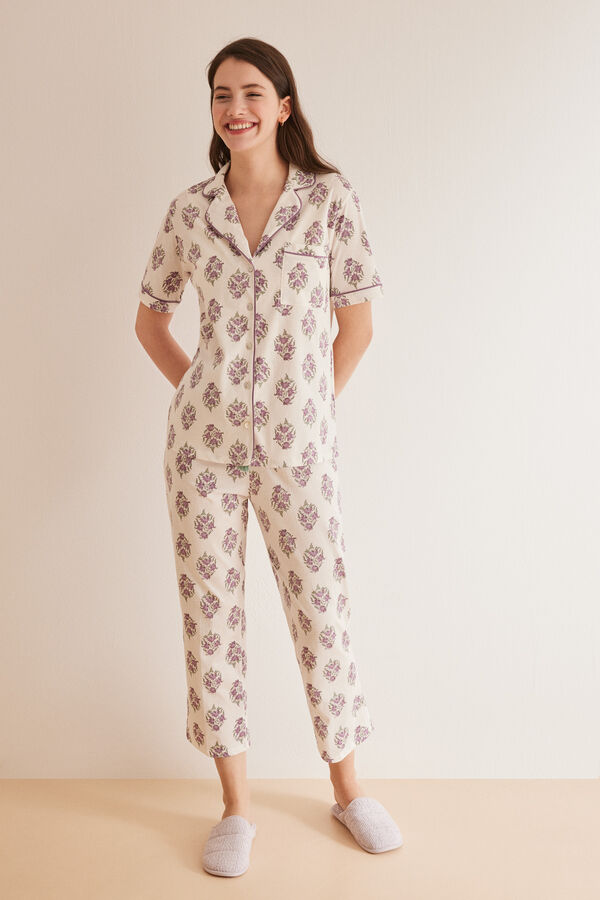 Womensecret Pyjama chemise manches courtes pantacourt à fleurs blanc