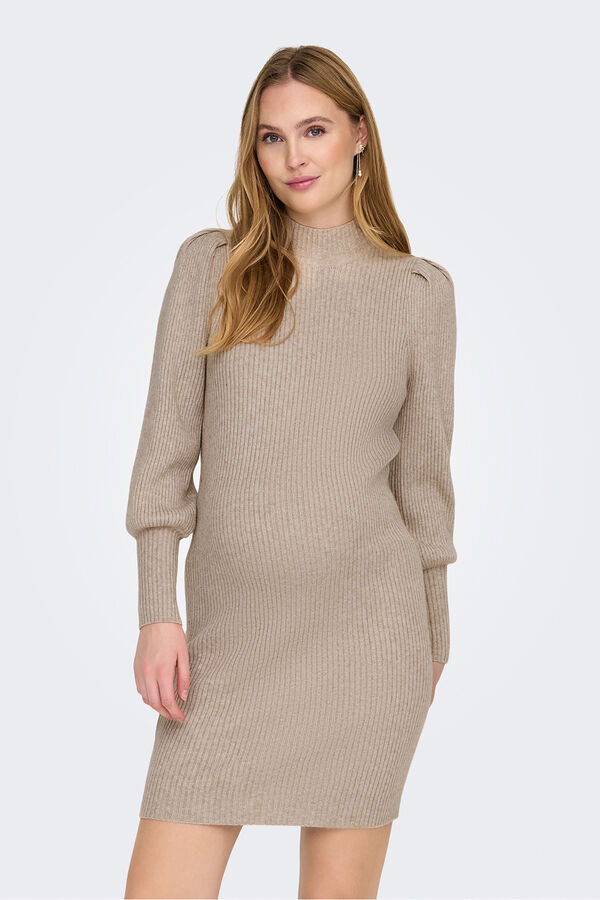 Only Maternity Vestido punto premam&aacute; de cuello alto y mangas abullonadas marr&oacute;n