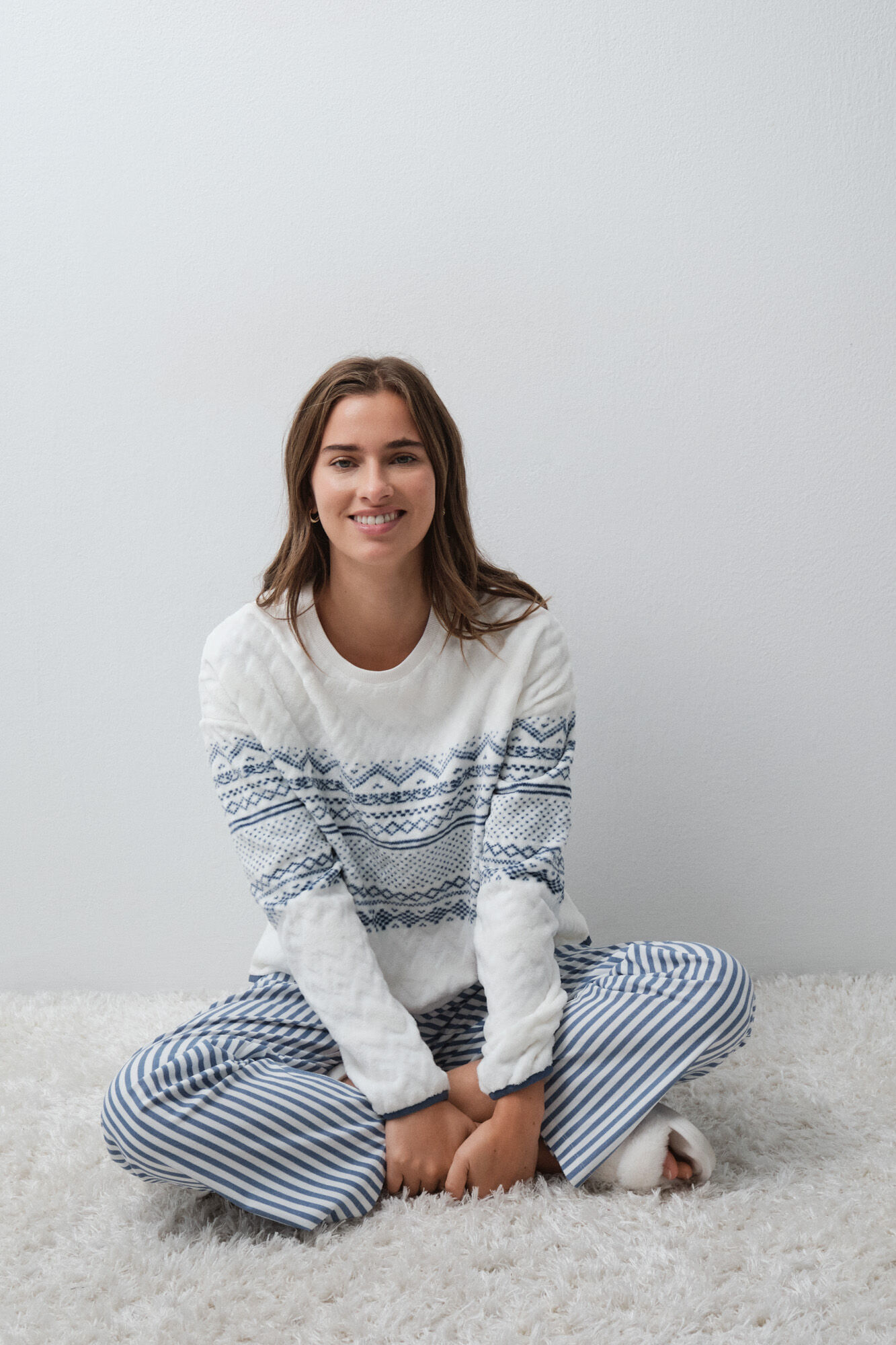 Women'secret Pyjama long polaire &agrave; rayures bleu