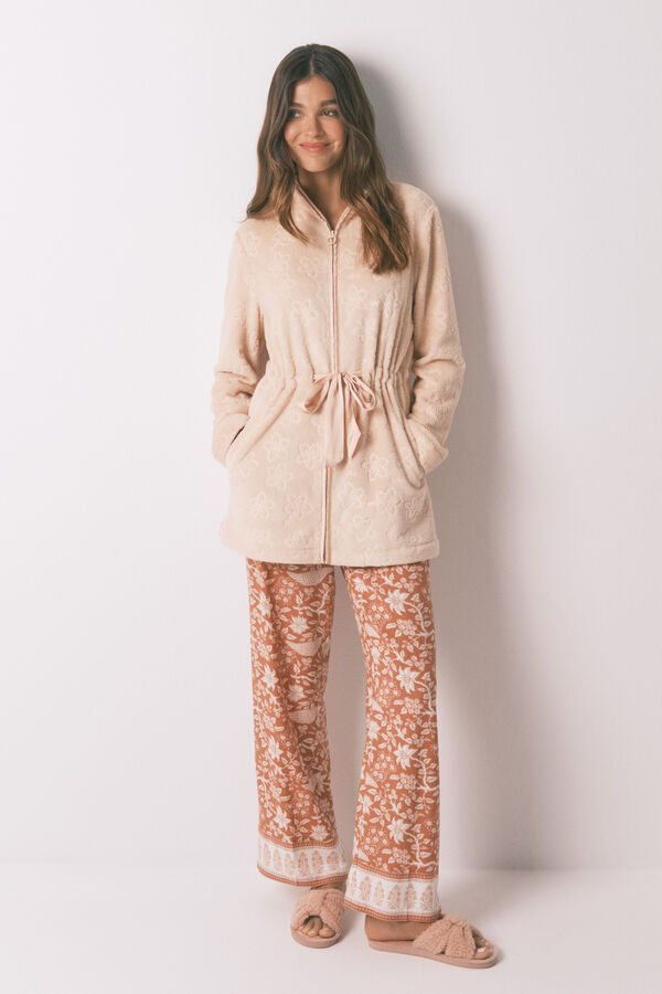 Women'secret Robe de chambre midi en polaire fleurie orange rouge