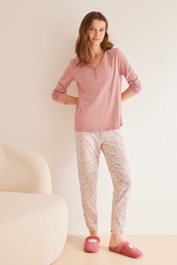 Womensecret Pyjama long 100 % coton rose fleurs rose