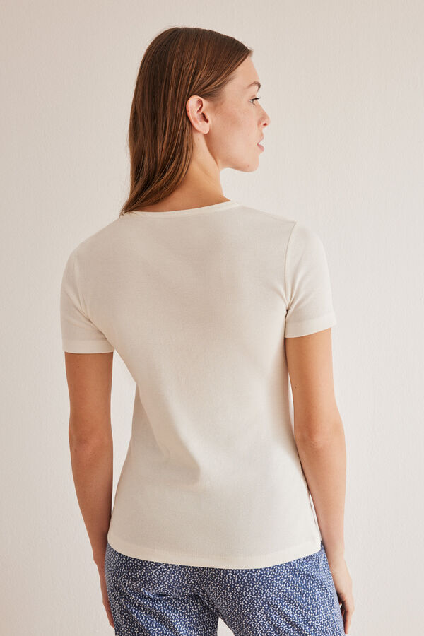 Womensecret Henleyshirt Weiß 100 % Baumwolle kurze Ärmel Naturweiß