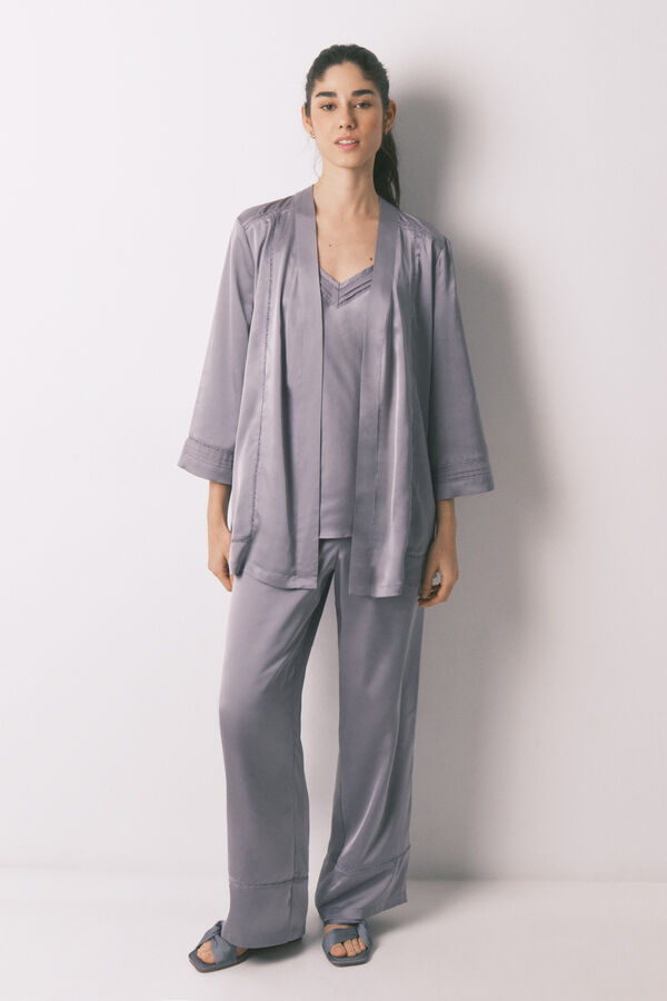 Women'secret Ensemble pyjama satin et dentelle gris gris