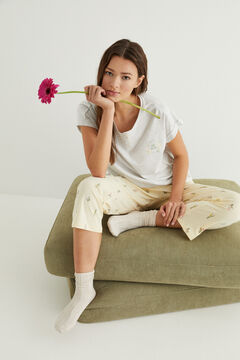 Womensecret Virágmintás, hosszú szürke pizsama, 100% pamutból szürke