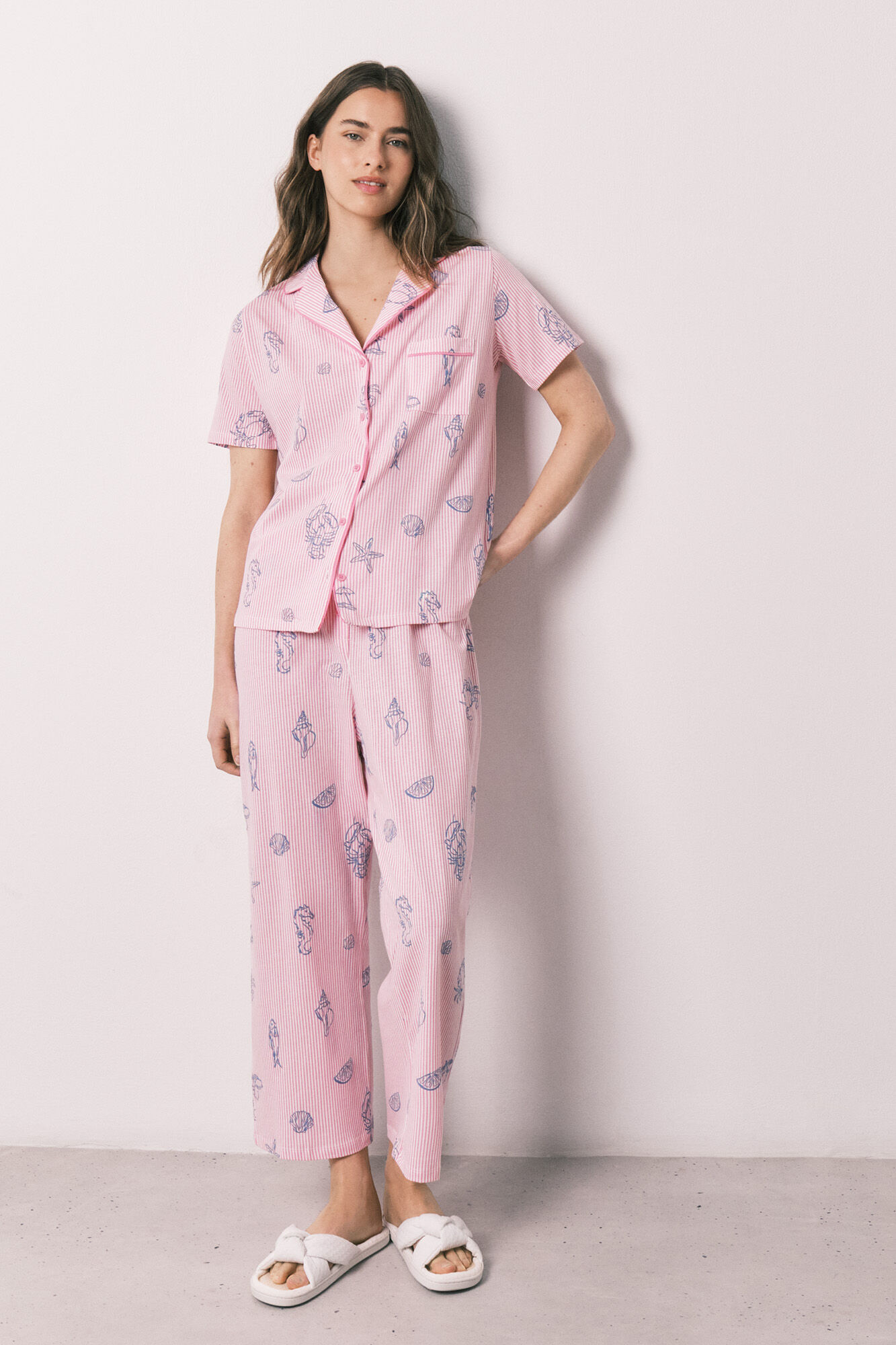 Women'secret Roze pamučna ko&scaron;ulja pidžama na pruge