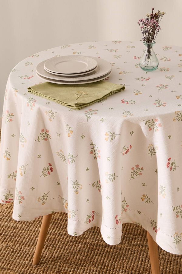 Textura Nappe ronde en coton &agrave; fleurs vert