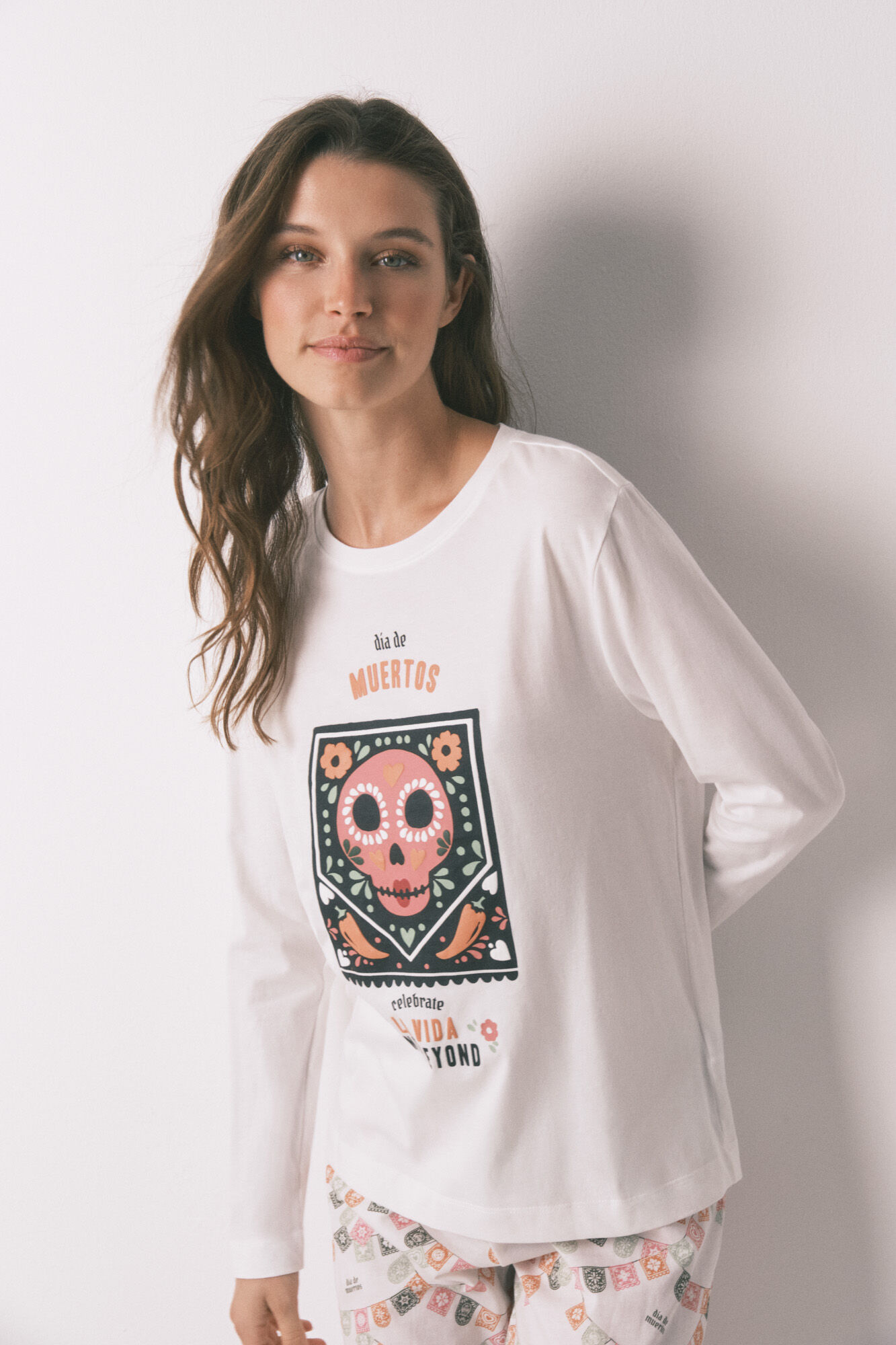 Women'secret 100% cotton "Day of the Dead" long pyjamas, ivory