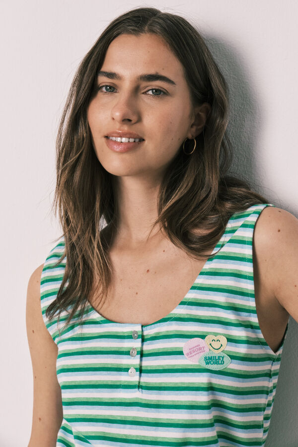 Women'secret Gr&uuml;ner gestreifter baumwoll-pyjama kurz mit tr&auml;gern SMILEYWORLD&reg; Gr&uuml;n