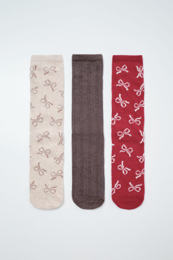 Women'secret Pack of 3 long bow print socks nude
