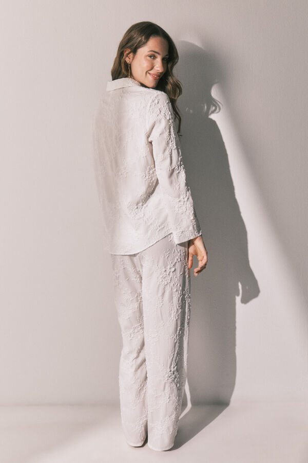 Women'secret Long satin jacquard shirt pyjamas in White beige