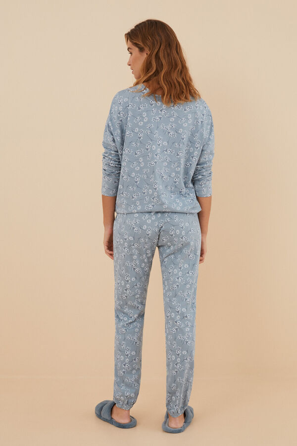 Womensecret Pyjama lang 100 % Baumwolle Blumen-Print Blau