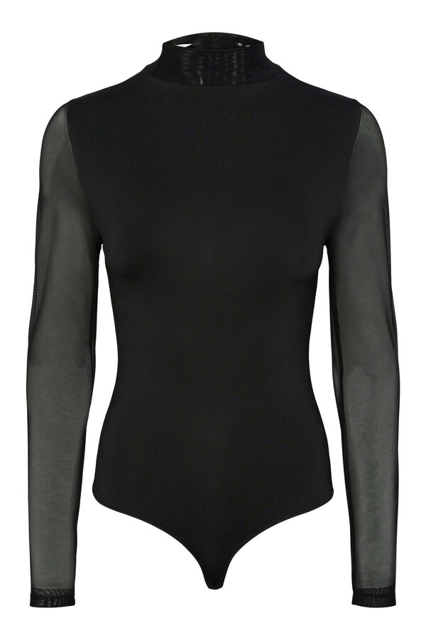 Womensecret Long-sleeved bodysuit with high neck. Transparent sleeves. Crna