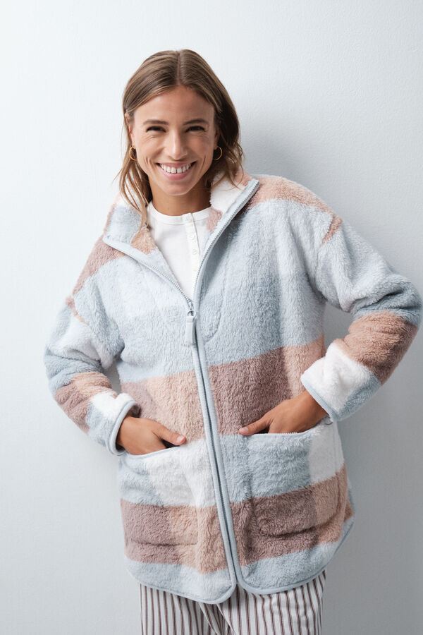 Women'secret Plaid fleece midi robe blue