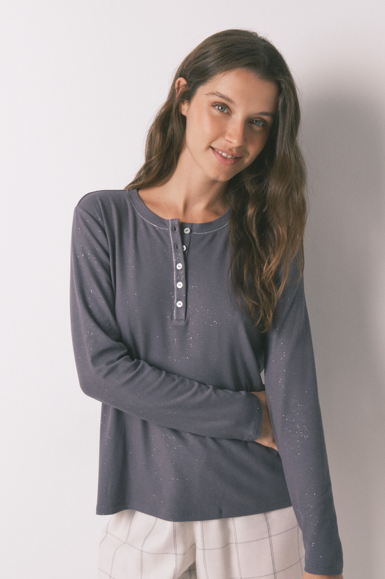 Women'secret Long sleeve glossy grey viscose T-shirt