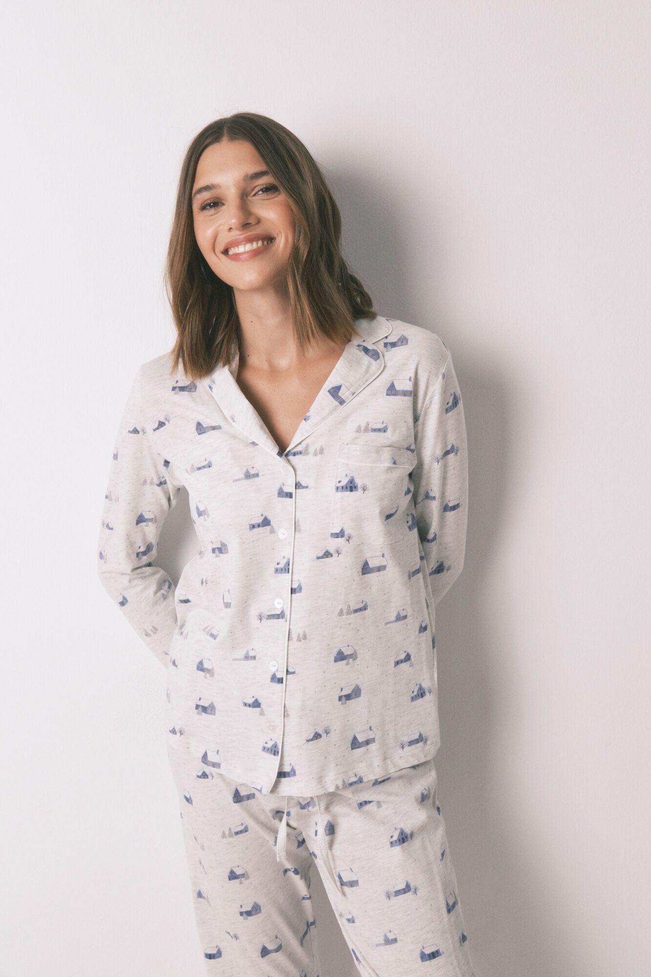 Women'secret Long 100% cotton grey classic pyjamas with house print