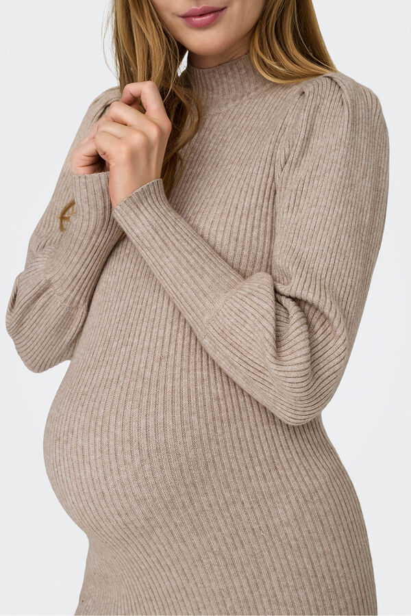 Only Maternity Vestido punto premam&aacute; de cuello alto y mangas abullonadas marr&oacute;n