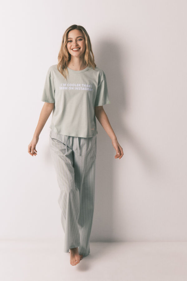 HI&BYE Green striped 100% cotton long pyjamas green