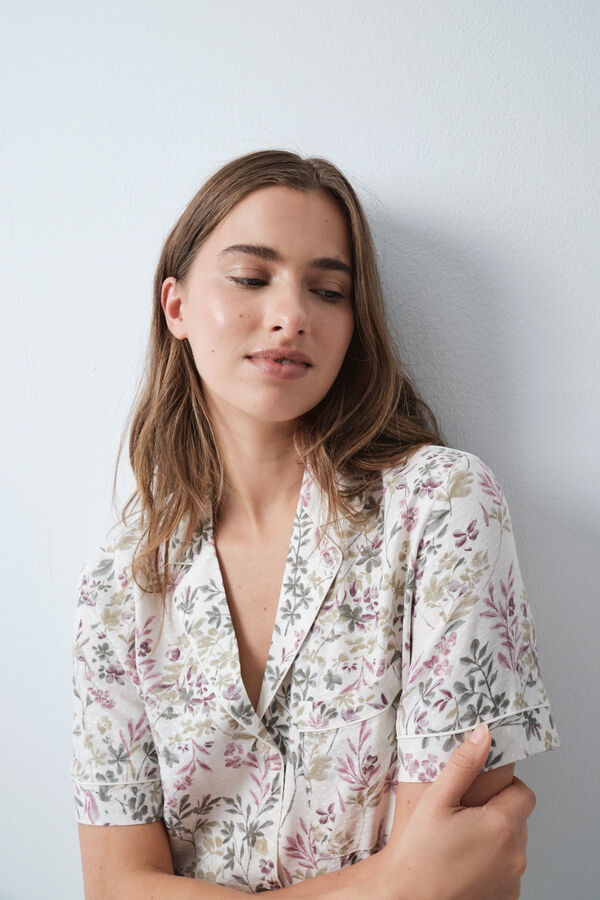 Women'secret Pyjama long chemise manches courtes &agrave; fleurs beige