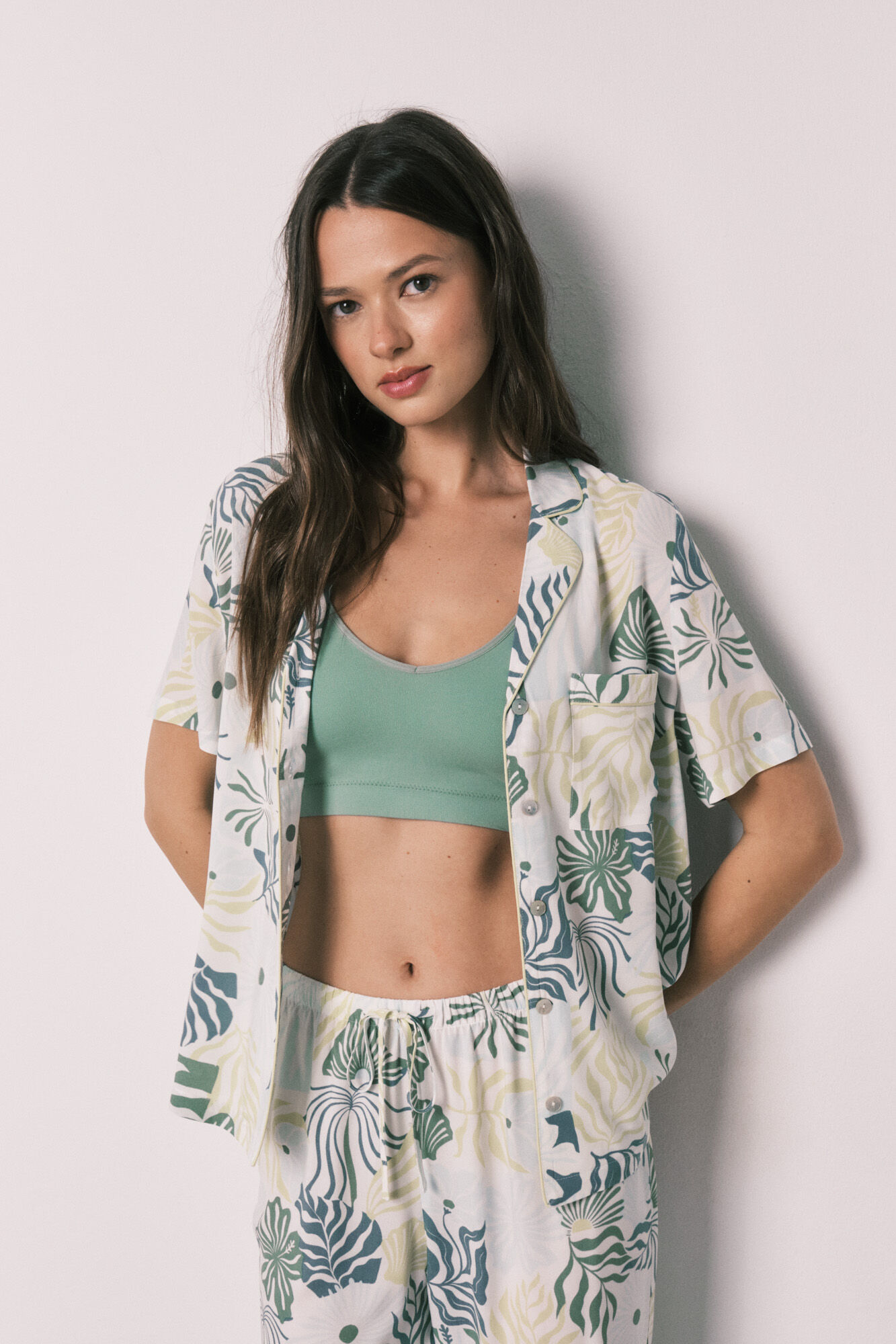 Women'secret Pijama camisero largo estampado tropical