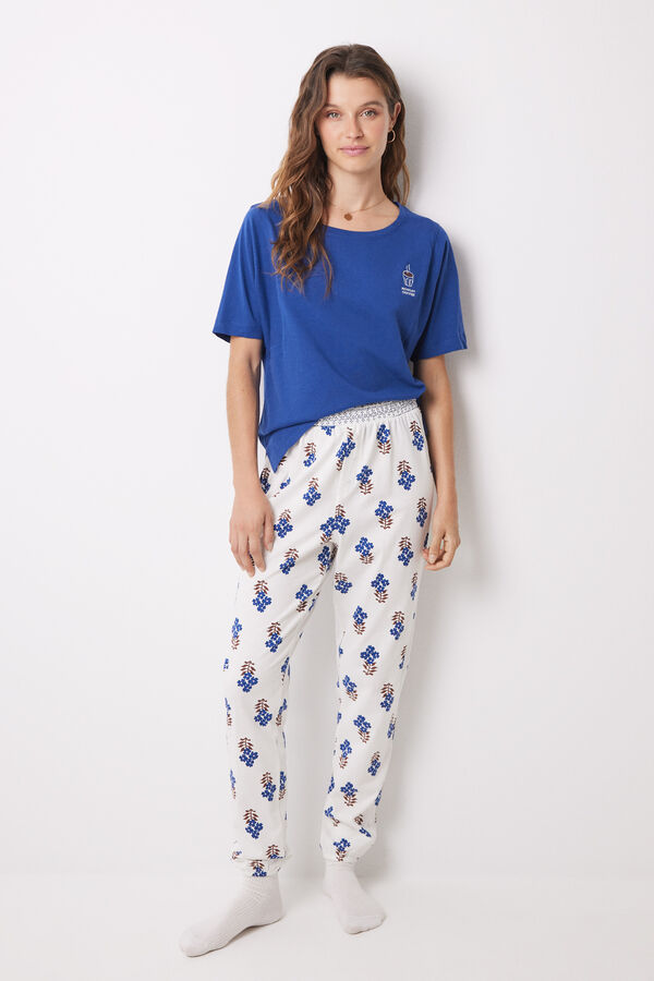 Womensecret 100% cotton skinny long pants with flowers blue