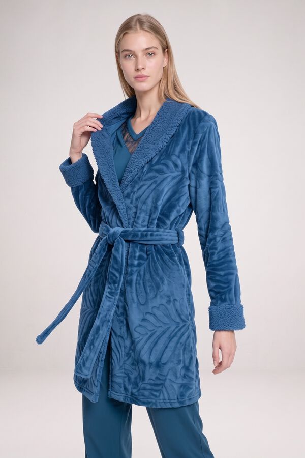 Gisela Printed button-up short robe with belt blue