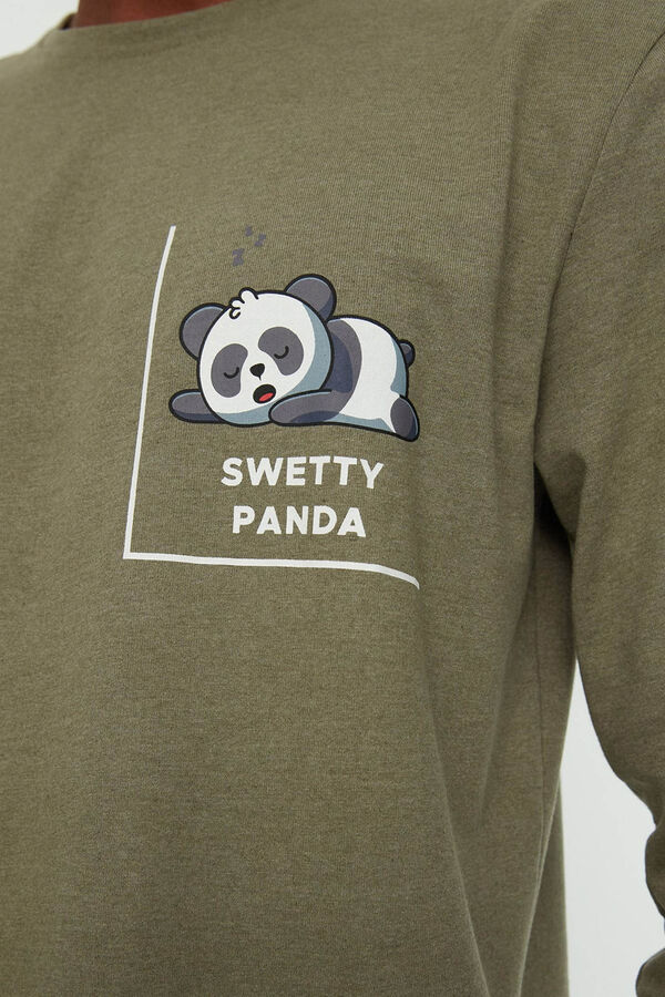 Trendyol Conjunto pijama liso hombre dibujo panda kaki
