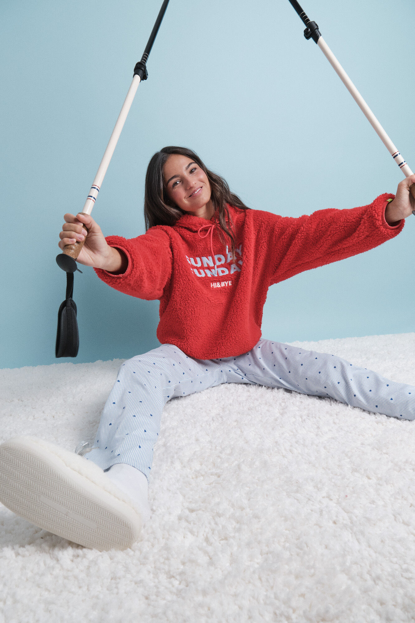 HI&BYE Sudadera borreguito suave rojo logo