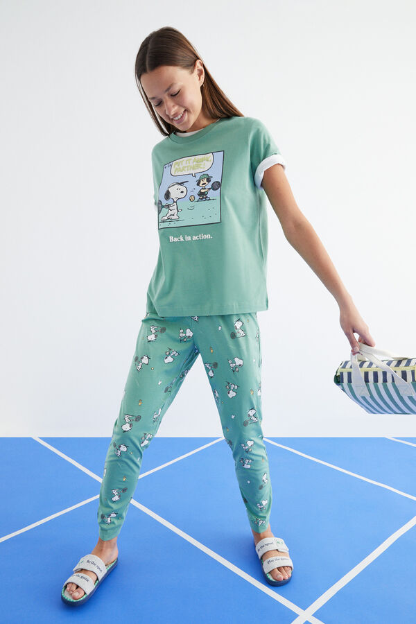 Womensecret Pyjama lang Grün 100 % Baumwolle Grün Snoopy Naturweiß