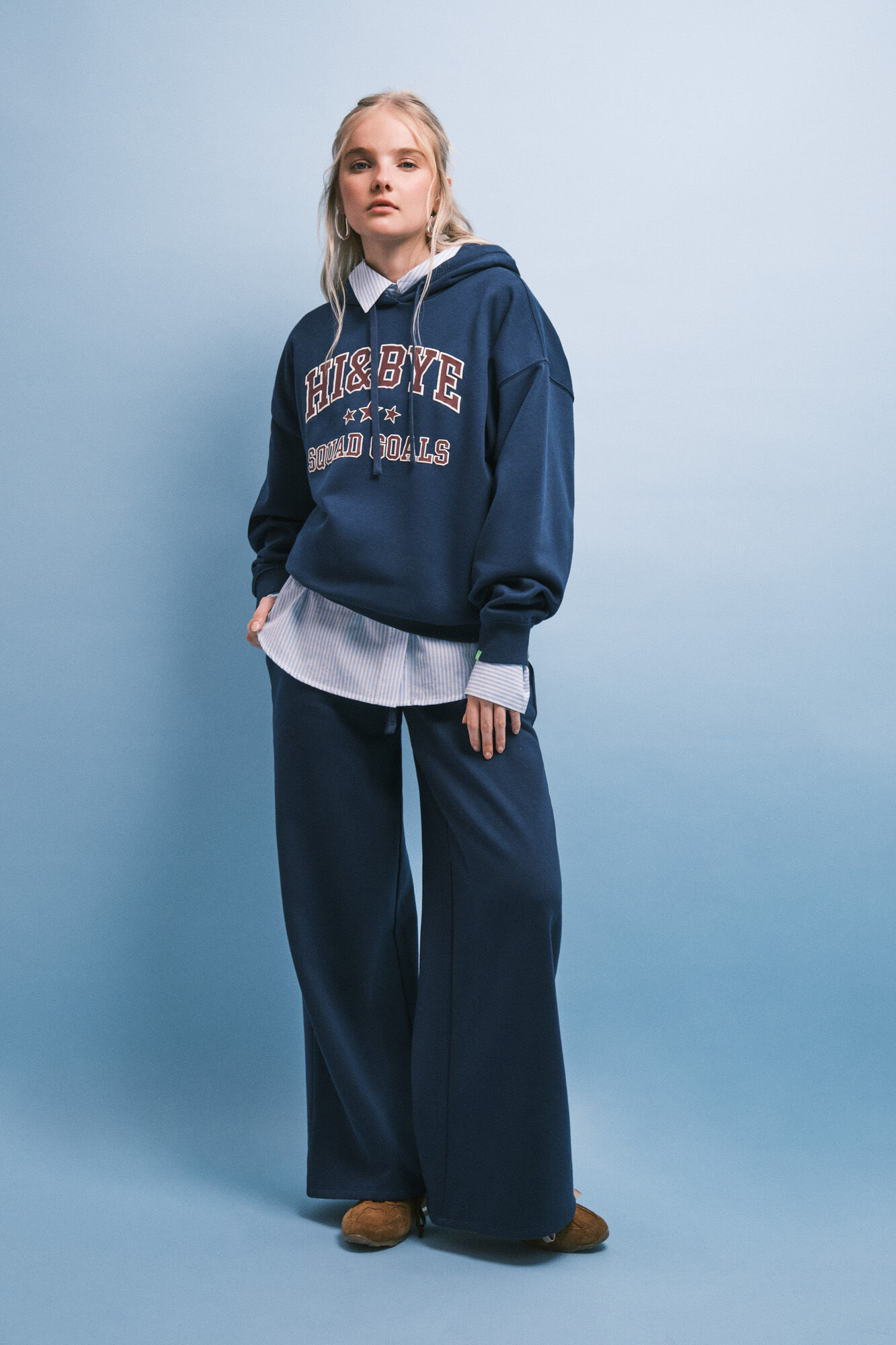 HI&BYE Blue fleece hooded sweatshirt logo