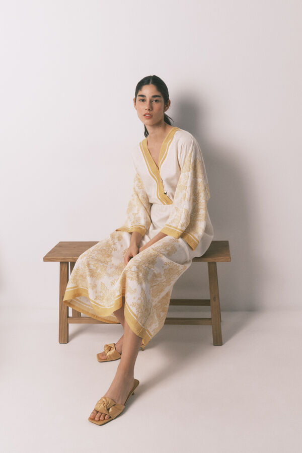 Women'secret Robe caftan jacquard fleurs beige