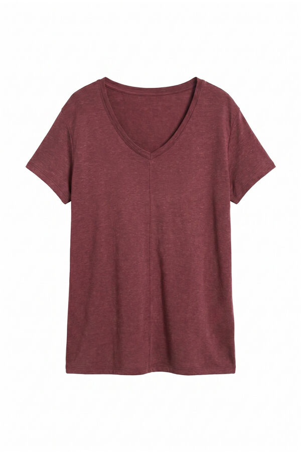 Women'secret T-shirt &agrave; manches courtes en lin et viscose grenat imprim&eacute;