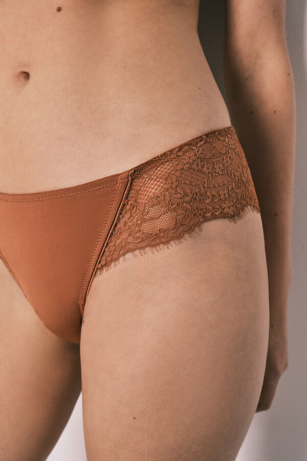 Women'secret Brown microfibre and lace wide Brazilian panty nude