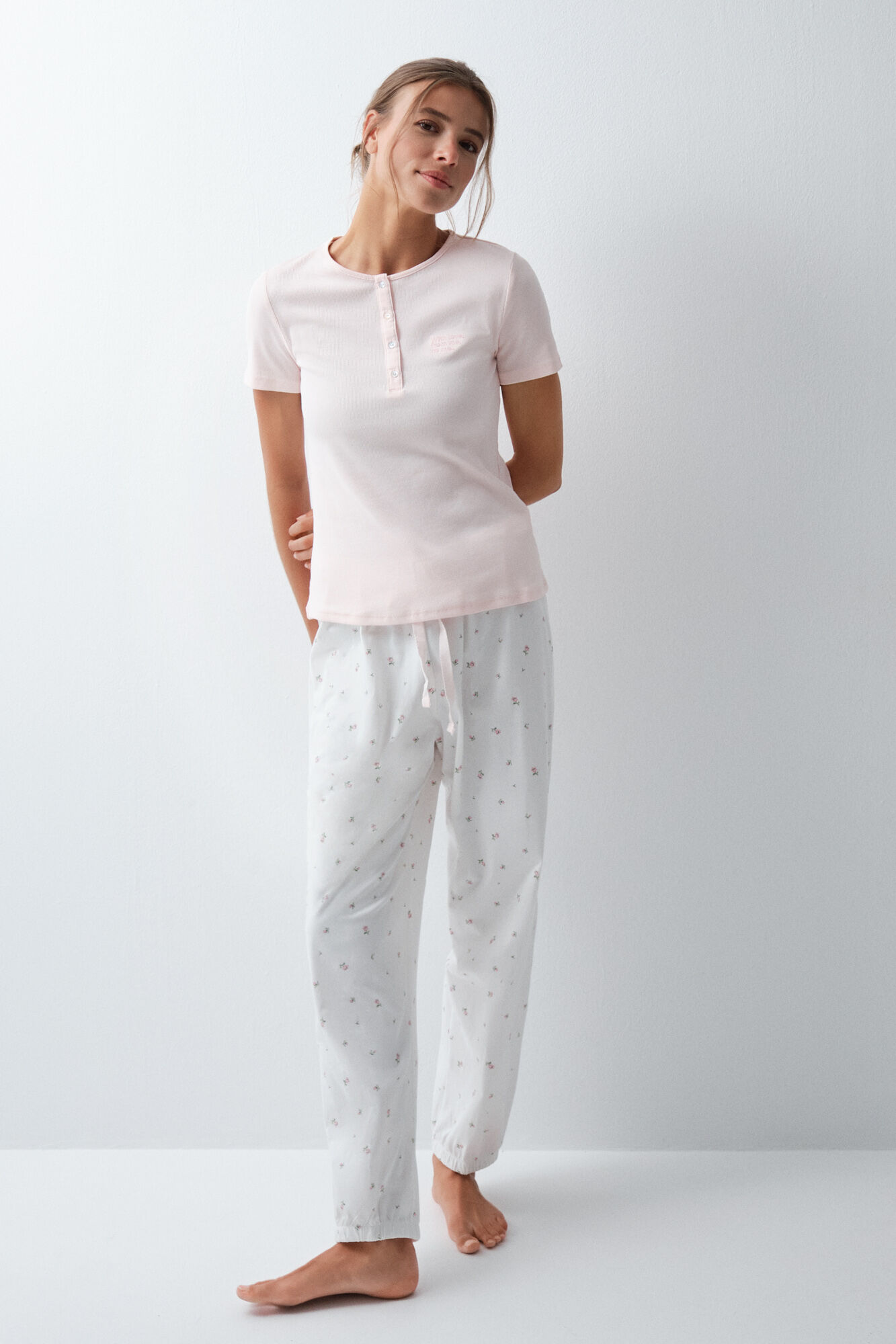 Women'secret Pyjama long &agrave; manches courtes en coton &agrave; fleurs rose clair