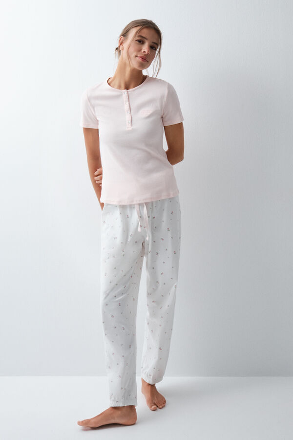 Women'secret Pyjama long &agrave; manches courtes en coton &agrave; fleurs rose clair rose
