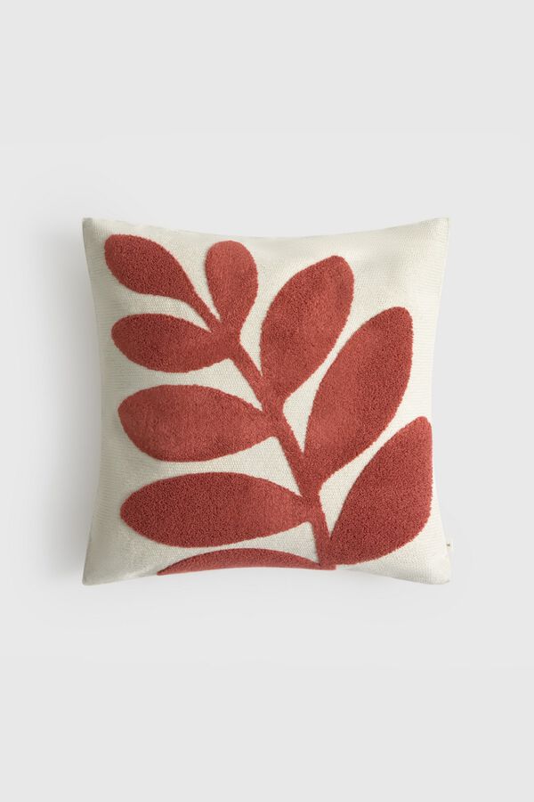 Textura Cotton cushion case with embroidered leaf brown