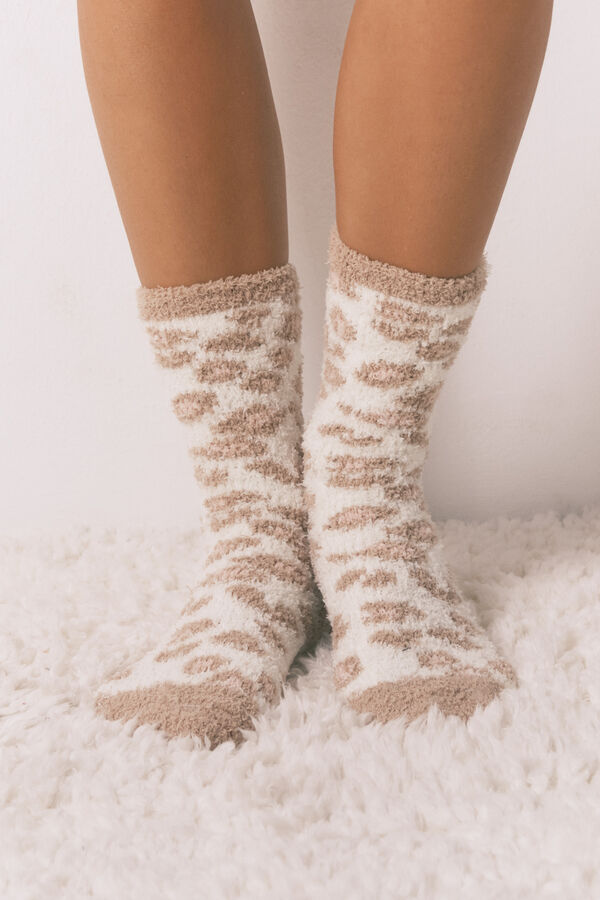 Women'secret Brown leopard print long fur socks blue