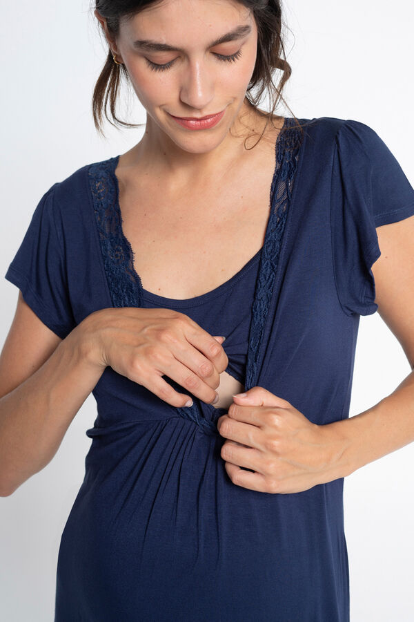 Ohma! Short Sleeve Nursing Nightgown with Lace Plava