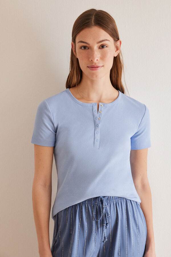 Womensecret Henleyshirt Blau 100 % Baumwolle kurze Ärmel Blau