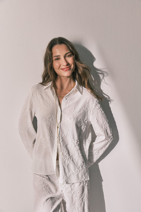 Women'secret Long satin jacquard shirt pyjamas in White beige