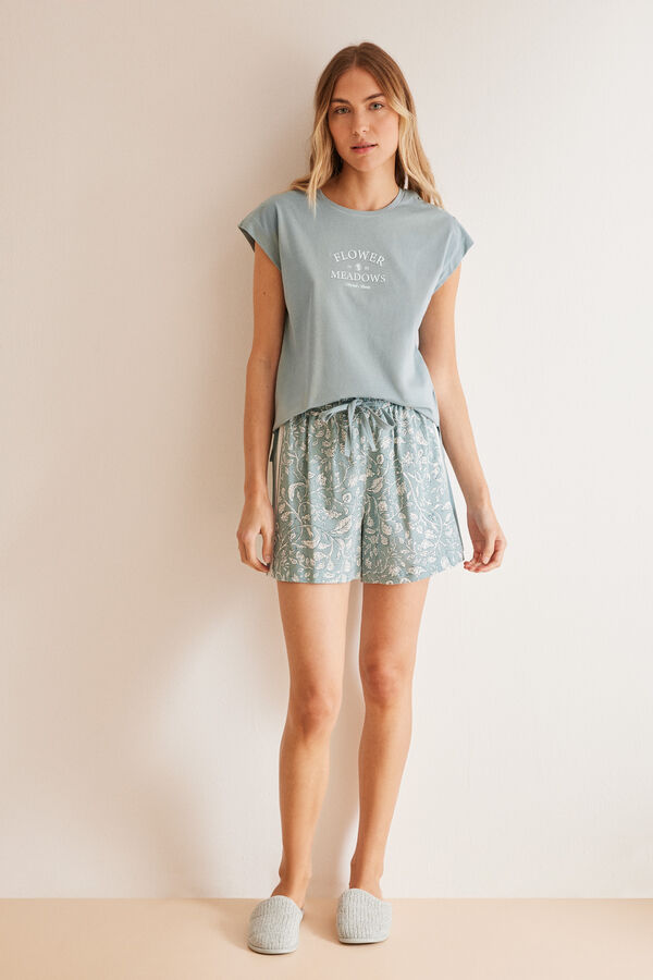 Womensecret Kurzer Pyjama Blau 100 % Baumwolle Blumen-Print Blau