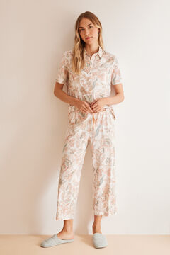 Womensecret Virágmintás, 100% pamut, inges, hosszú pizsama fehér